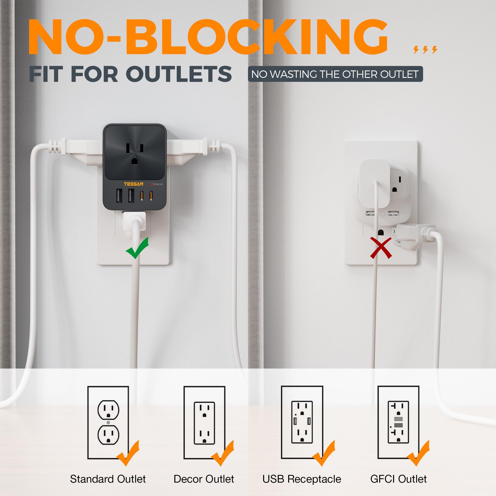 Foto 5 | Cargador De Pared Usb C Tessan De 30 W Con Extensor De 3 Salidas, 4 Usb - Venta Internacional.