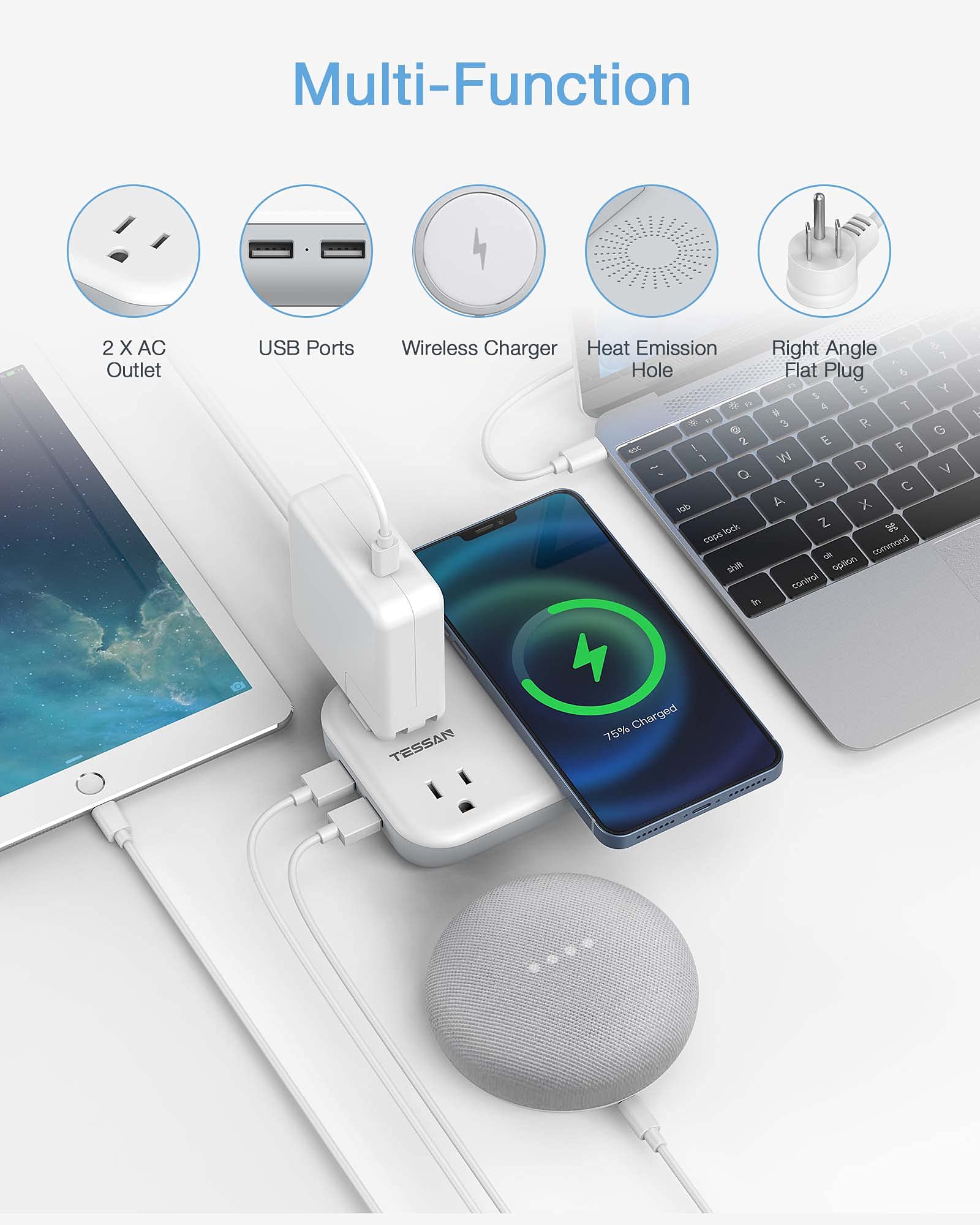 Foto 3 pulgar | Cargador Inalámbrico Power Strip Tessan Small De 2 Salidas, 2 Usb Y 1 Usb - Venta Internacional.