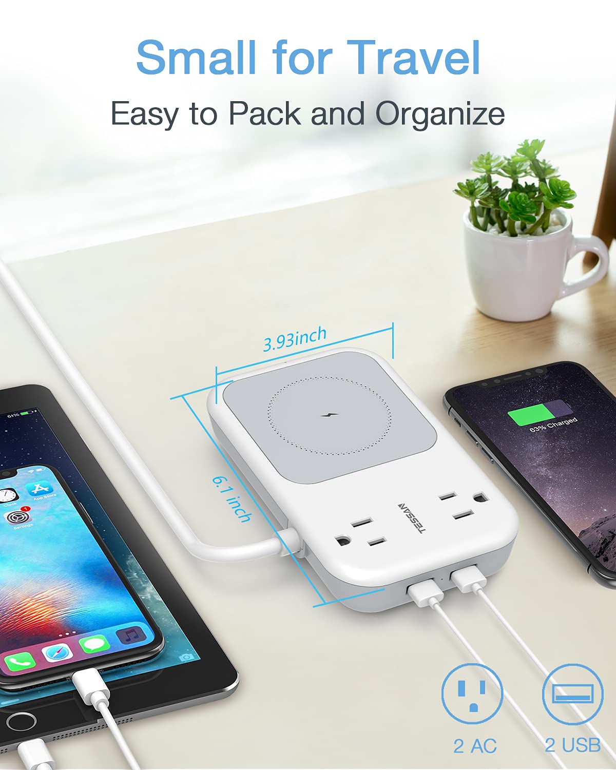 Foto 5 pulgar | Cargador Inalámbrico Power Strip Tessan Small De 2 Salidas, 2 Usb Y 1 Usb - Venta Internacional.