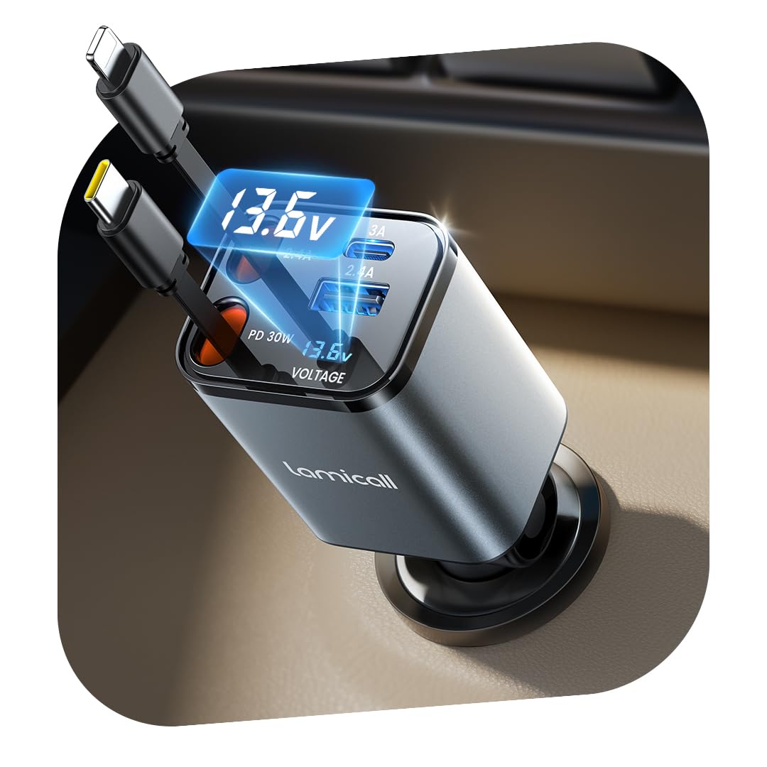 Foto 2 pulgar | Cargador De Coche Lamicall Retráctil Usb C De 69 W Con 4 Puertos Para Iphone - Venta Internacional.