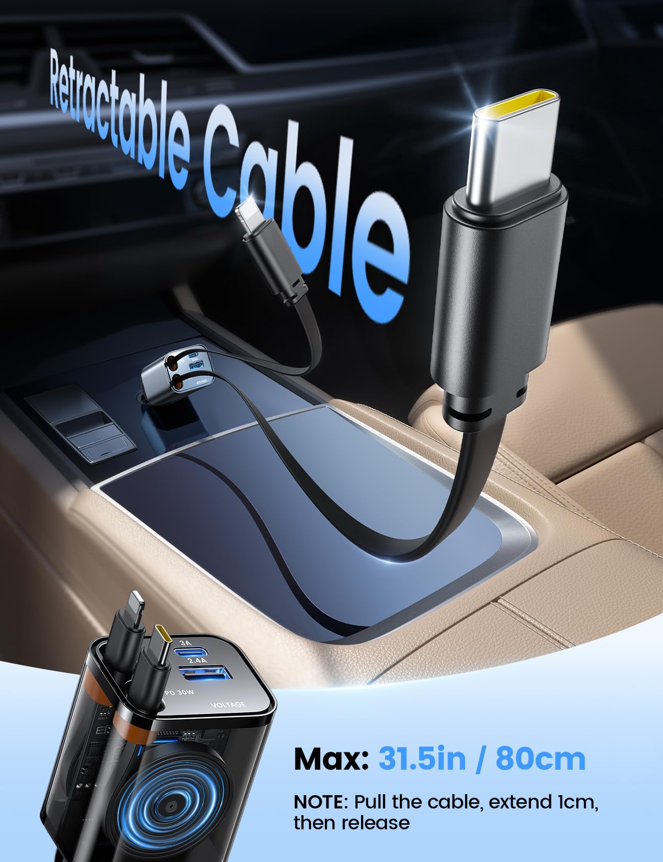 Foto 3 pulgar | Cargador De Coche Lamicall Retráctil Usb C De 69 W Con 4 Puertos Para Iphone - Venta Internacional.
