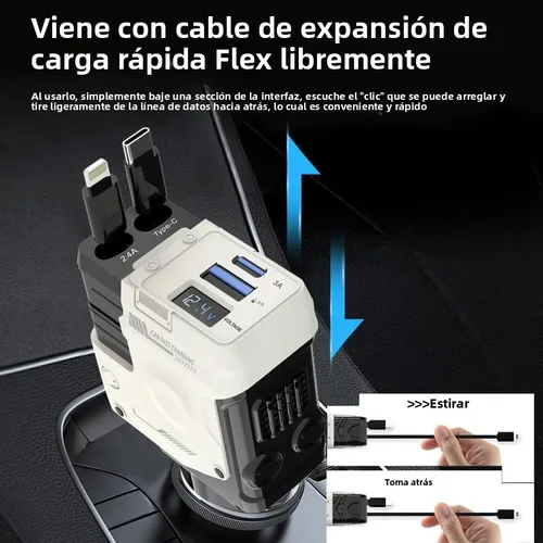 Foto 2 | Cargador De Auto Coche 120w Pd 4 En 1 Carga Retráctil