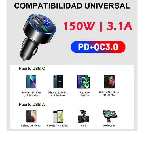 Foto 3 pulgar | Cargador Xtellar Para Auto 150w Tipo C Carga Rapida Pd|qc 3.0|5usb