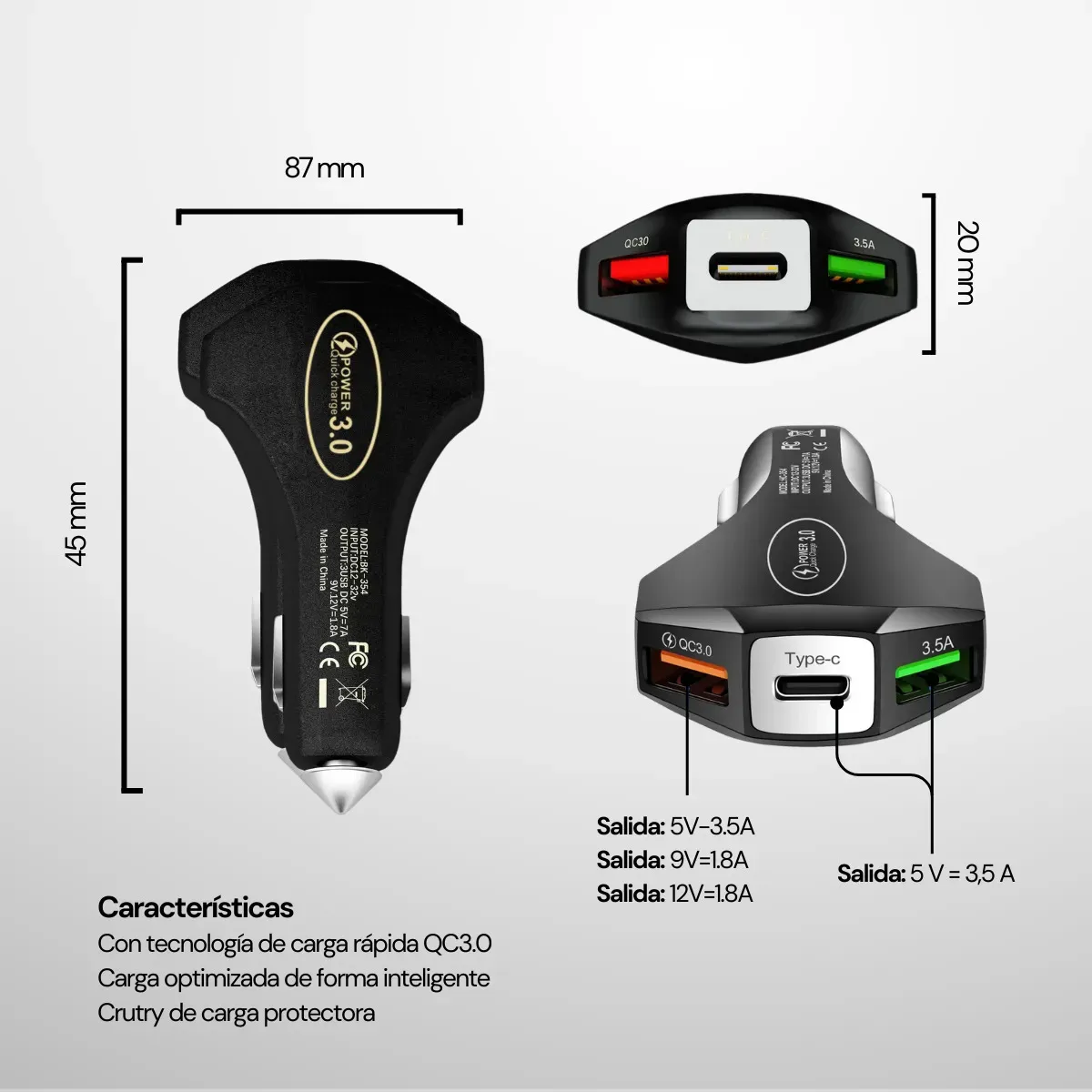 Foto 3 pulgar | Cargador para Auto con Carga Rápida USB y Tipo C – Ideal para iPhone, Samsung y Otros