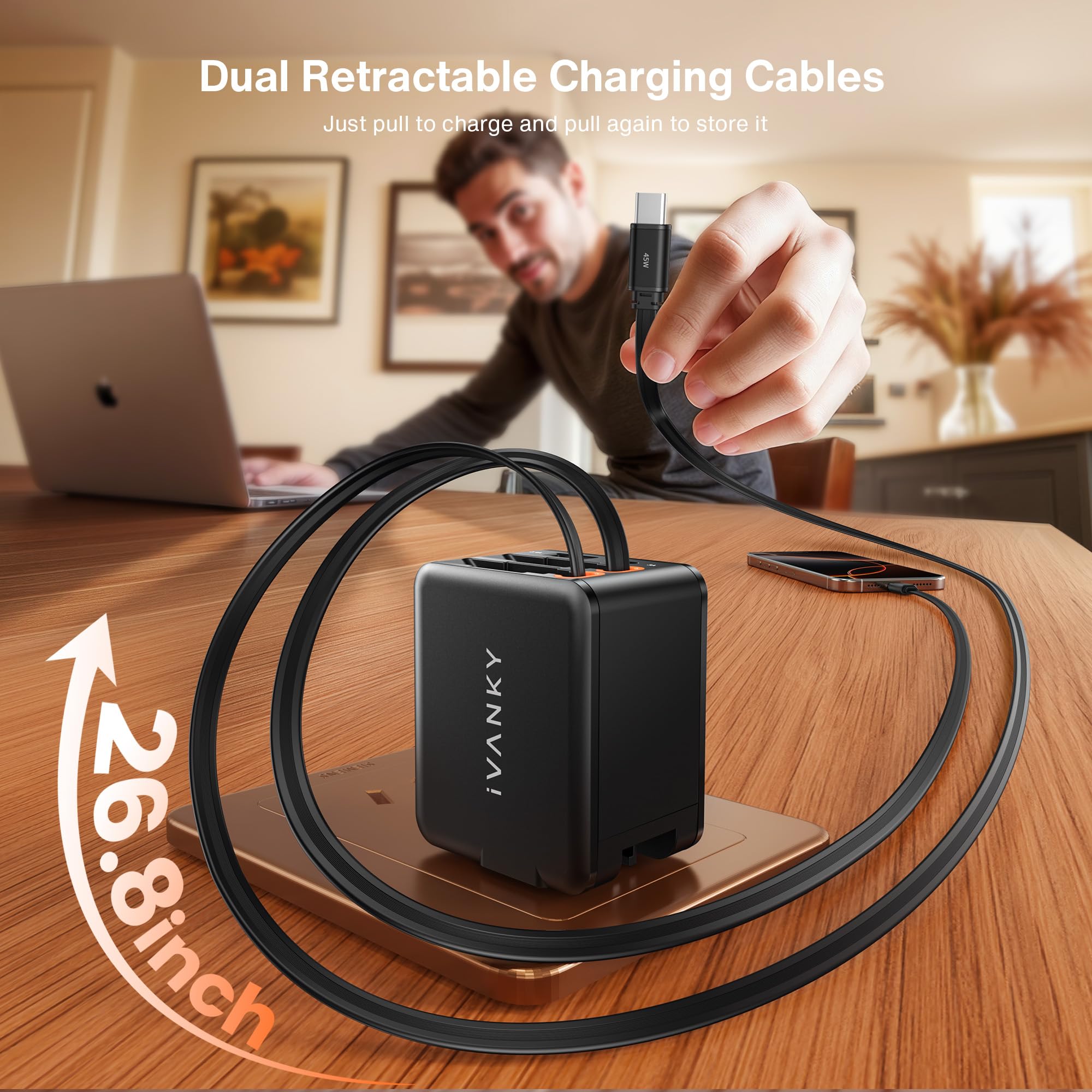 Foto 3 pulgar | Cargador De Pared Retráctil Ivanky De 84 W Con Cables Duales Usb-c 4 En 1 - Venta Internacional.