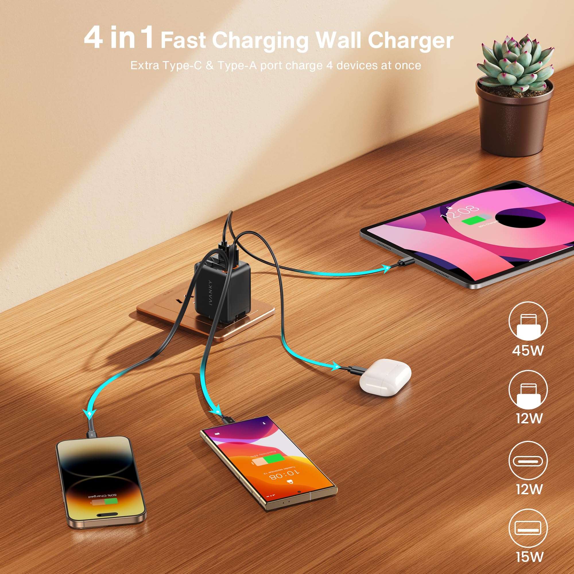 Foto 4 pulgar | Cargador De Pared Retráctil Ivanky De 84 W Con Cables Duales Usb-c 4 En 1 - Venta Internacional.