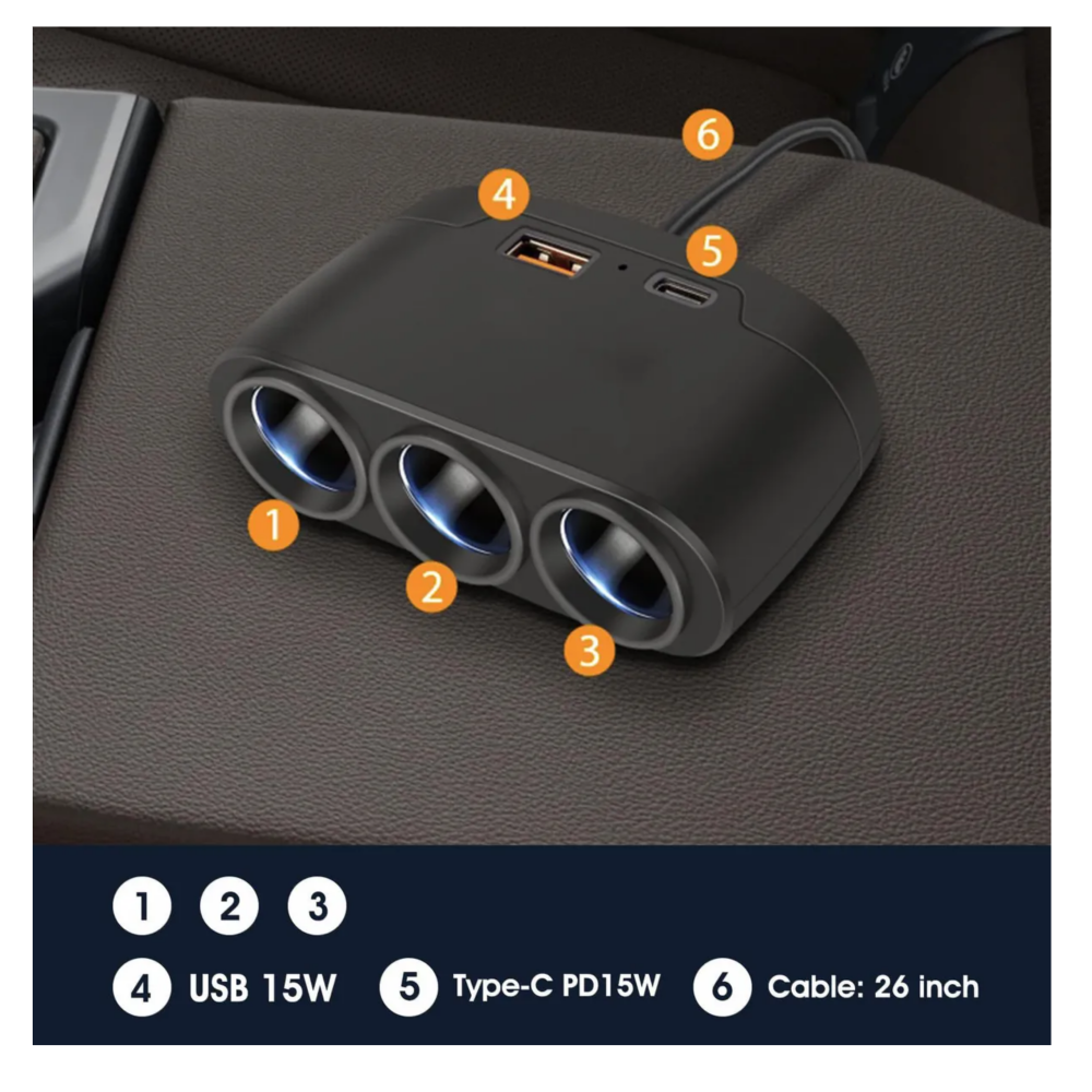 Foto 5 pulgar | 3 En 1 Adaptador Múltiples Puertos Usb Cargador De Coche Lab.g  Negro