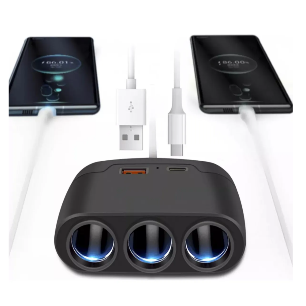 Foto 3 pulgar | 3 En 1 Adaptador Múltiples Puertos Usb Cargador De Coche Belug  Negro