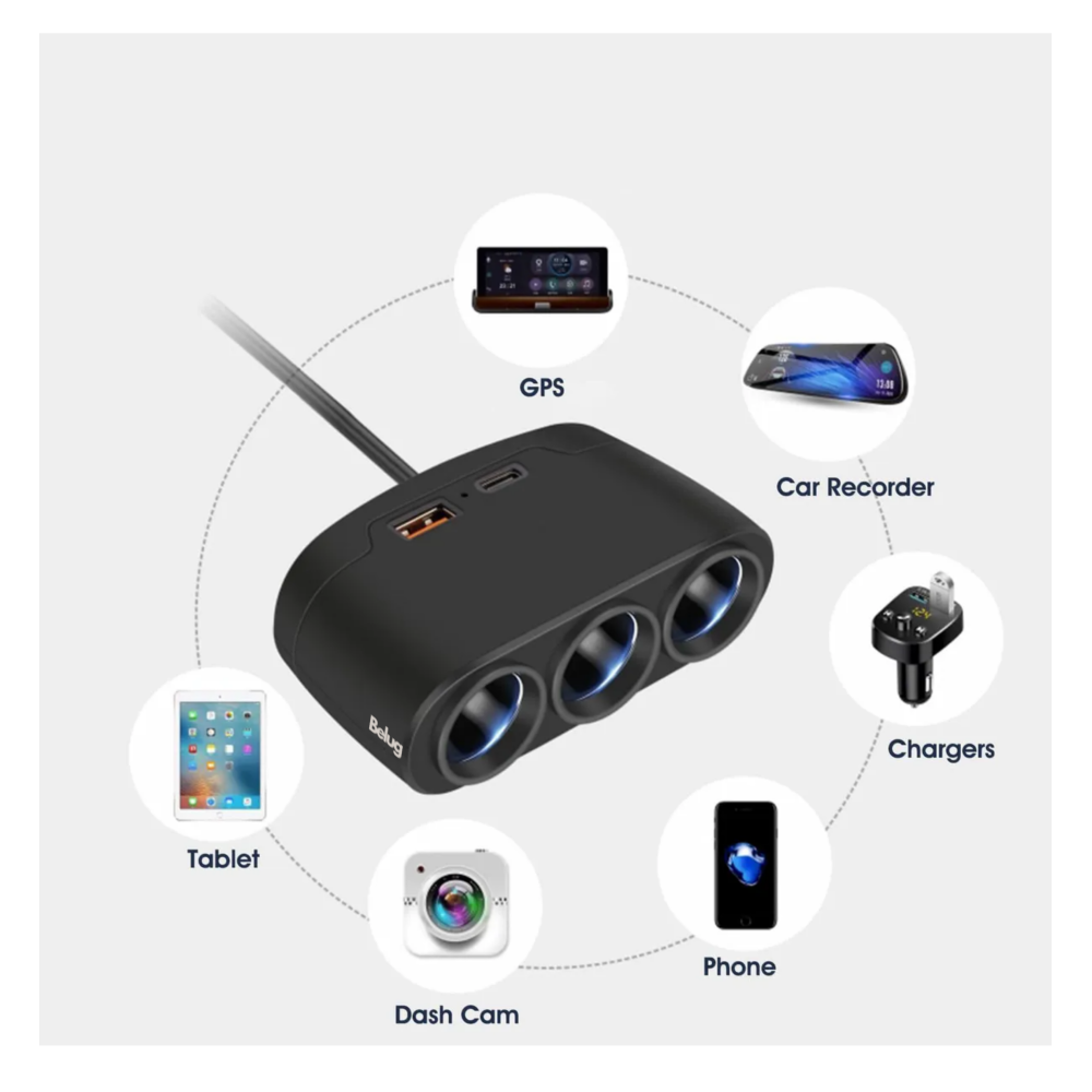 Foto 6 pulgar | 3 En 1 Adaptador Múltiples Puertos Usb Cargador De Coche Belug  Negro