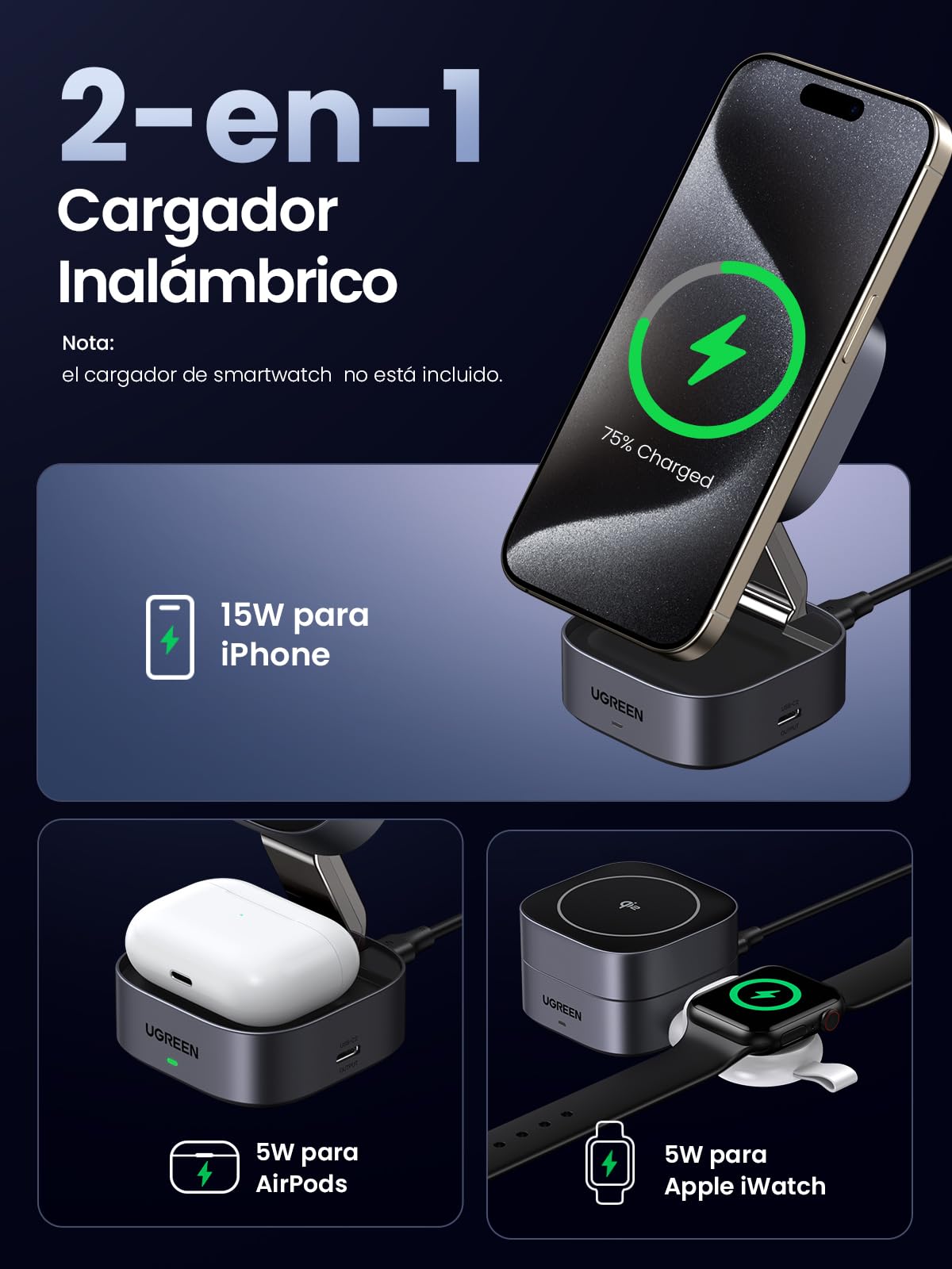 Foto 5 pulgar | Estación De Carga Ugreen 2 En 1 Qi2 Magnetic Para Iphone Y Airpods - Venta Internacional.