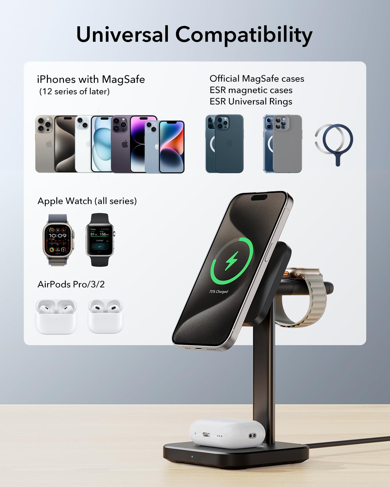 Foto 8 pulgar | Estación de Carga Inalámbrica ESR 3 en 1 para Apple Black - Venta Internacional