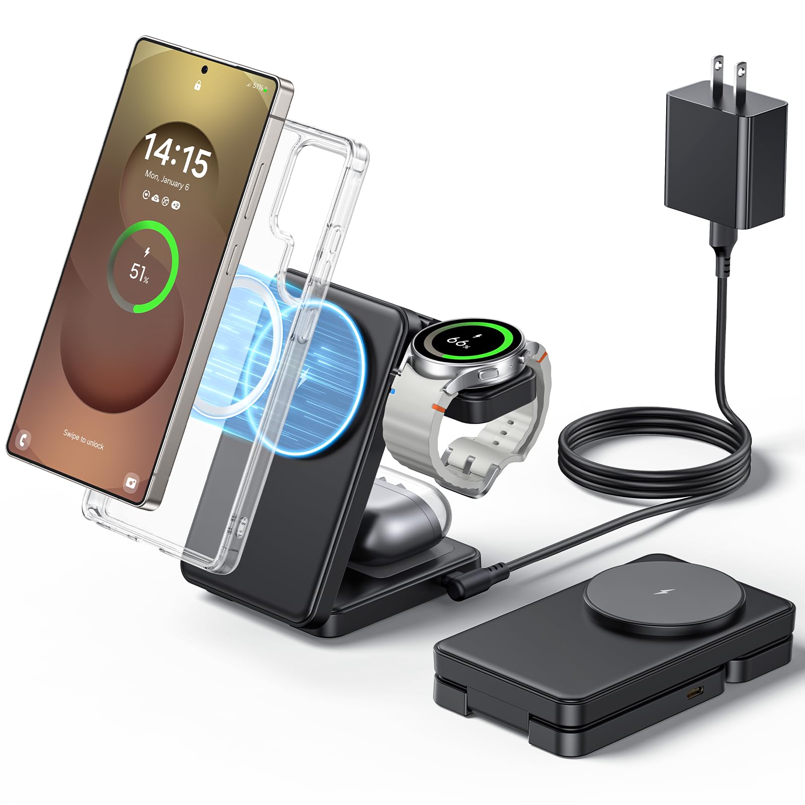 Foto 2 pulgar | Cargador Inalámbrico Meifigno 3 en 1 Magnético Plegable para Samsung - Venta Internacional