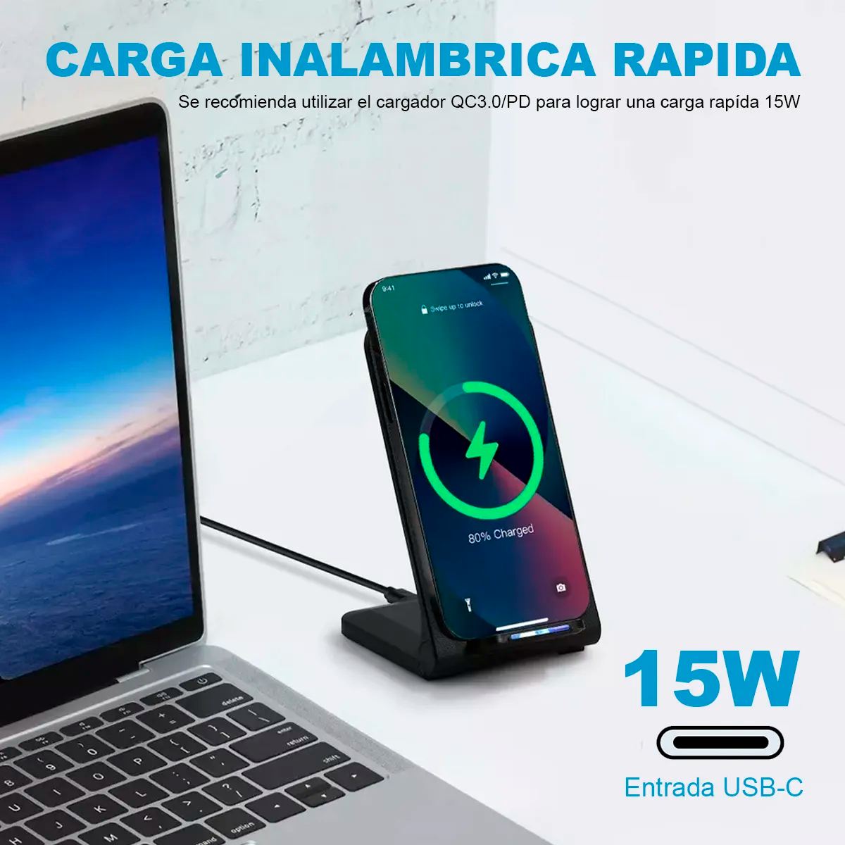 Foto 3 pulgar | Cargador Inalambrico 15w Kimhi Soporte Celular Carga Rapida Tipo C Para Samsung/iphone/xiaomi/huawei/motorola Qi