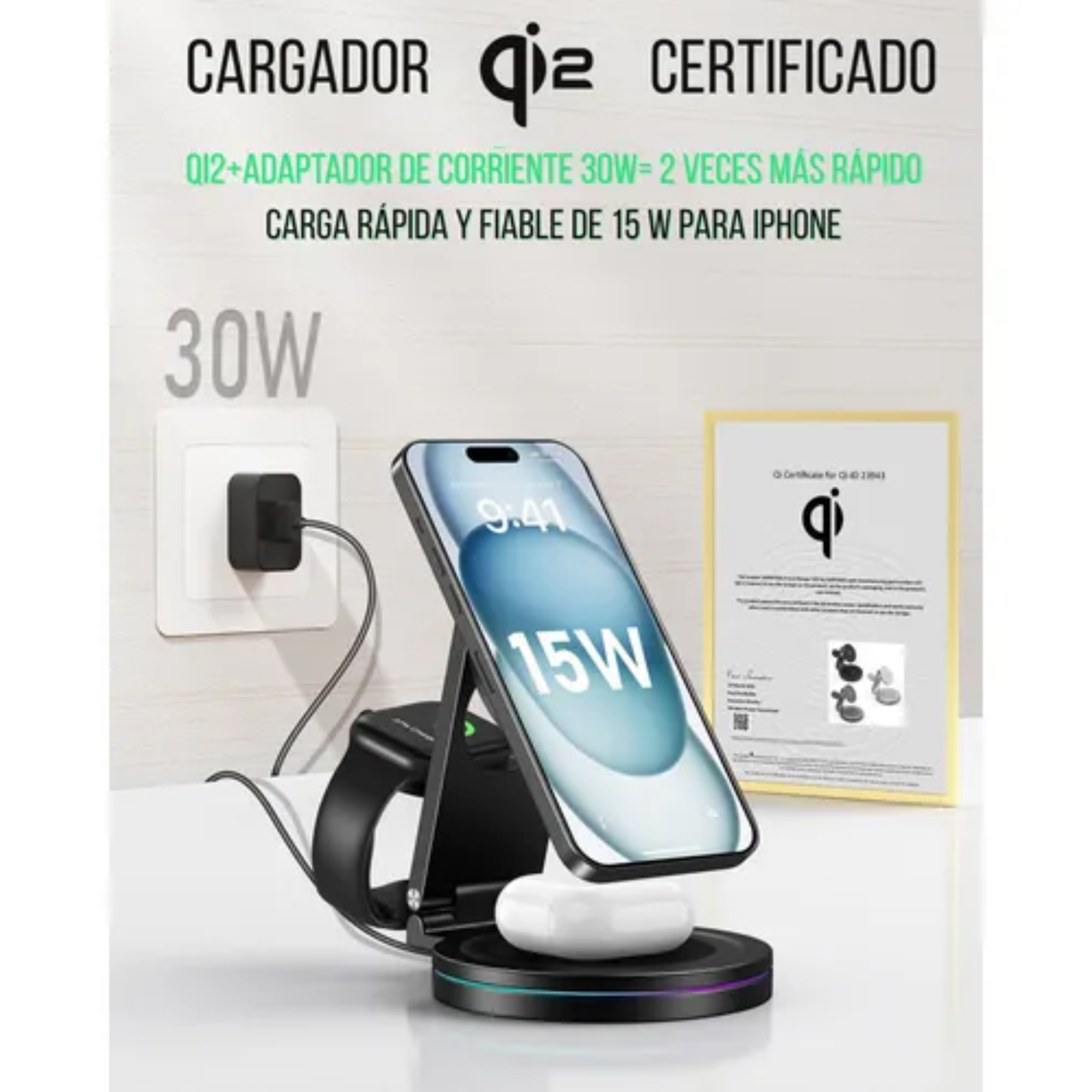 Foto 7 pulgar | Cargador Inalámbrico 3 en 1 para iPhone Magasfe Qi2 360° Gris