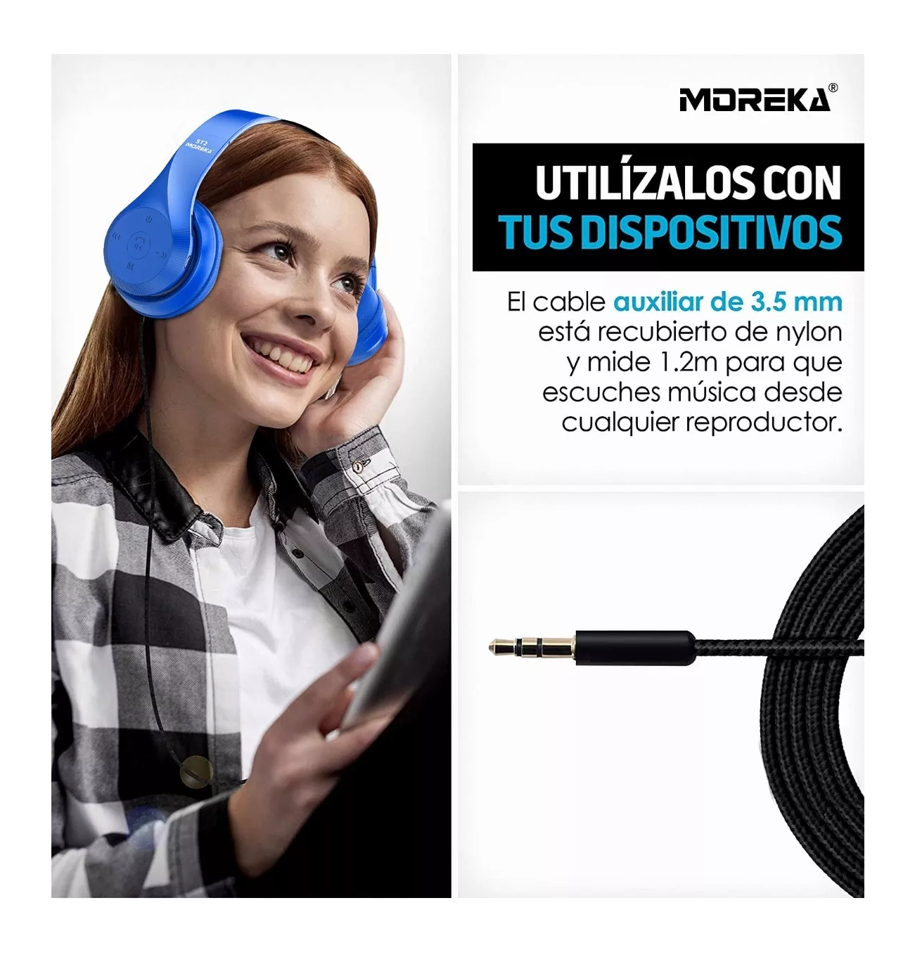 Foto 4 pulgar | Audífonos de Diadema Moreka Bluetooth Inalámbrico Plegable Azul