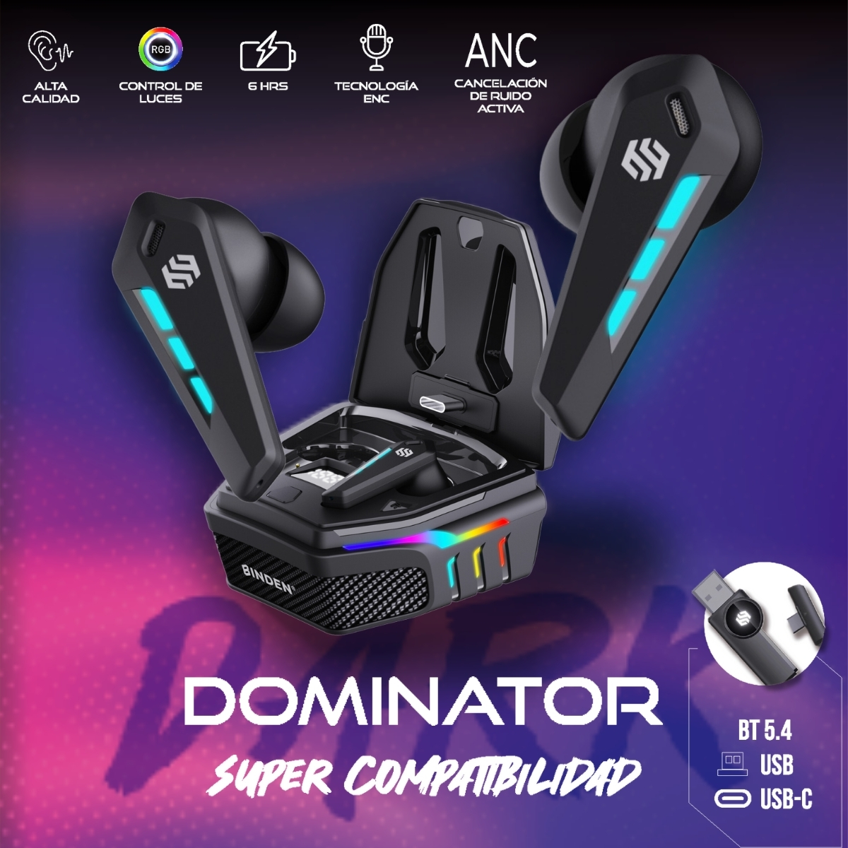 Foto 4 pulgar | Audífonos Gamer Biden Dark Dominator Tws Anc Bluetooth Usb 2.4ghz