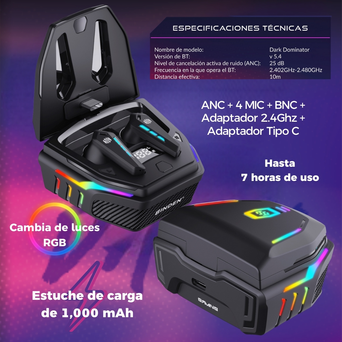 Foto 4 | Audífonos Gamer Biden Dark Dominator Tws Anc Bluetooth Usb 2.4ghz