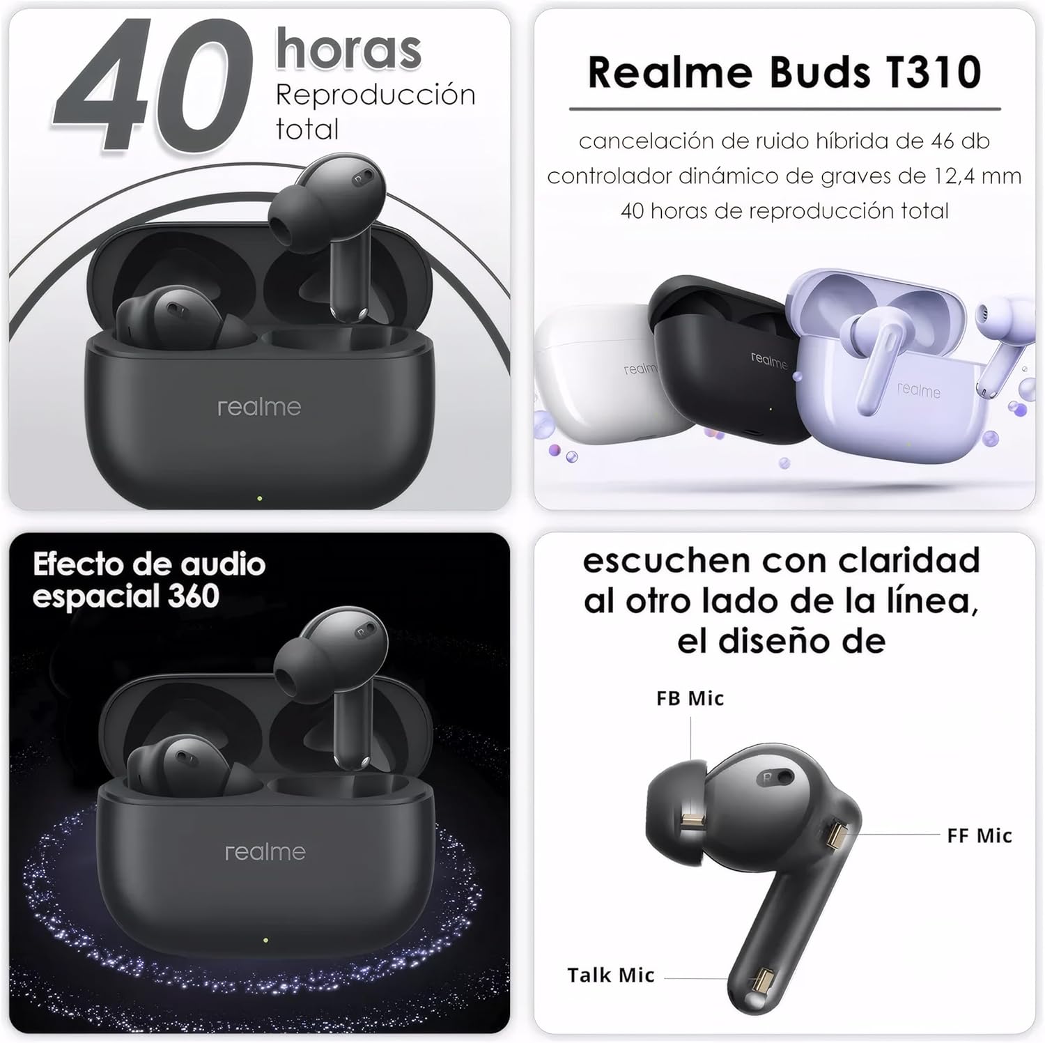 Foto 6 | Audífonos Realme Buds T310 Bluetooth con Cancelación de Ruido Negros