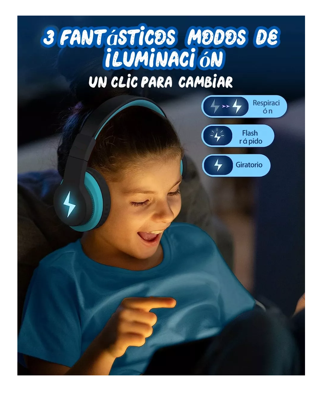 Foto 3 pulgar | Auriculares Bluetooth Diadema Inalámbricos 45h Para Niños Azuil/negro