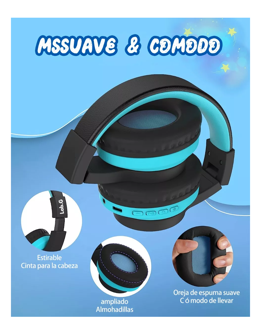 Foto 4 pulgar | Auriculares Bluetooth Diadema Inalámbricos 45h Para Niños Azuil/negro
