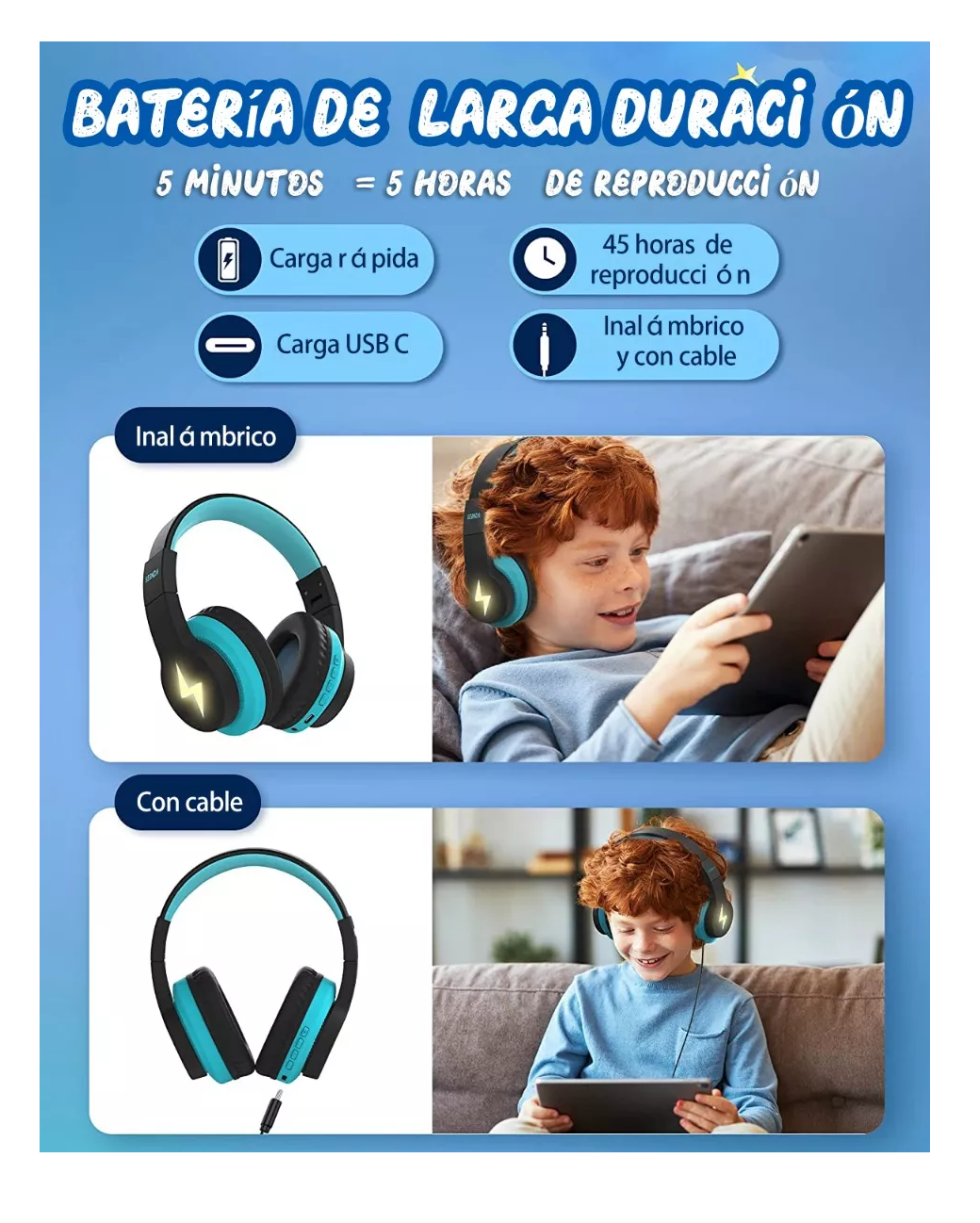 Foto 5 pulgar | Auriculares Bluetooth Diadema Inalámbricos 45h Para Niños Azuil/negro