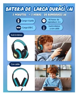 Foto 4 | Auriculares Bluetooth Diadema Inalámbricos 45h Para Niños Azuil/negro