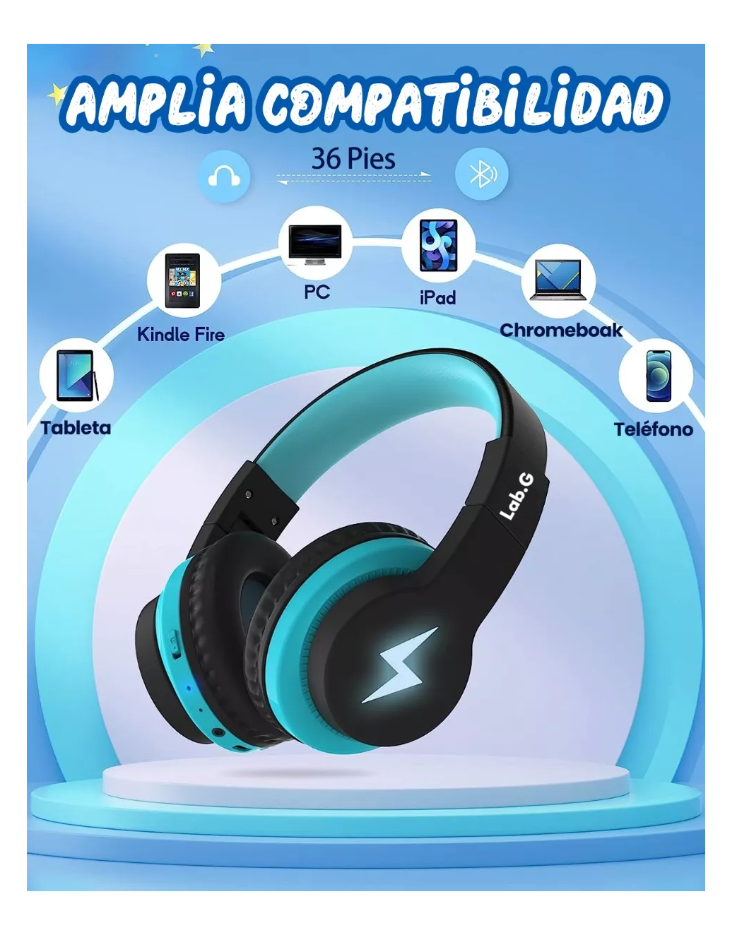 Foto 6 pulgar | Auriculares Bluetooth Diadema Inalámbricos 45h Para Niños Azuil/negro