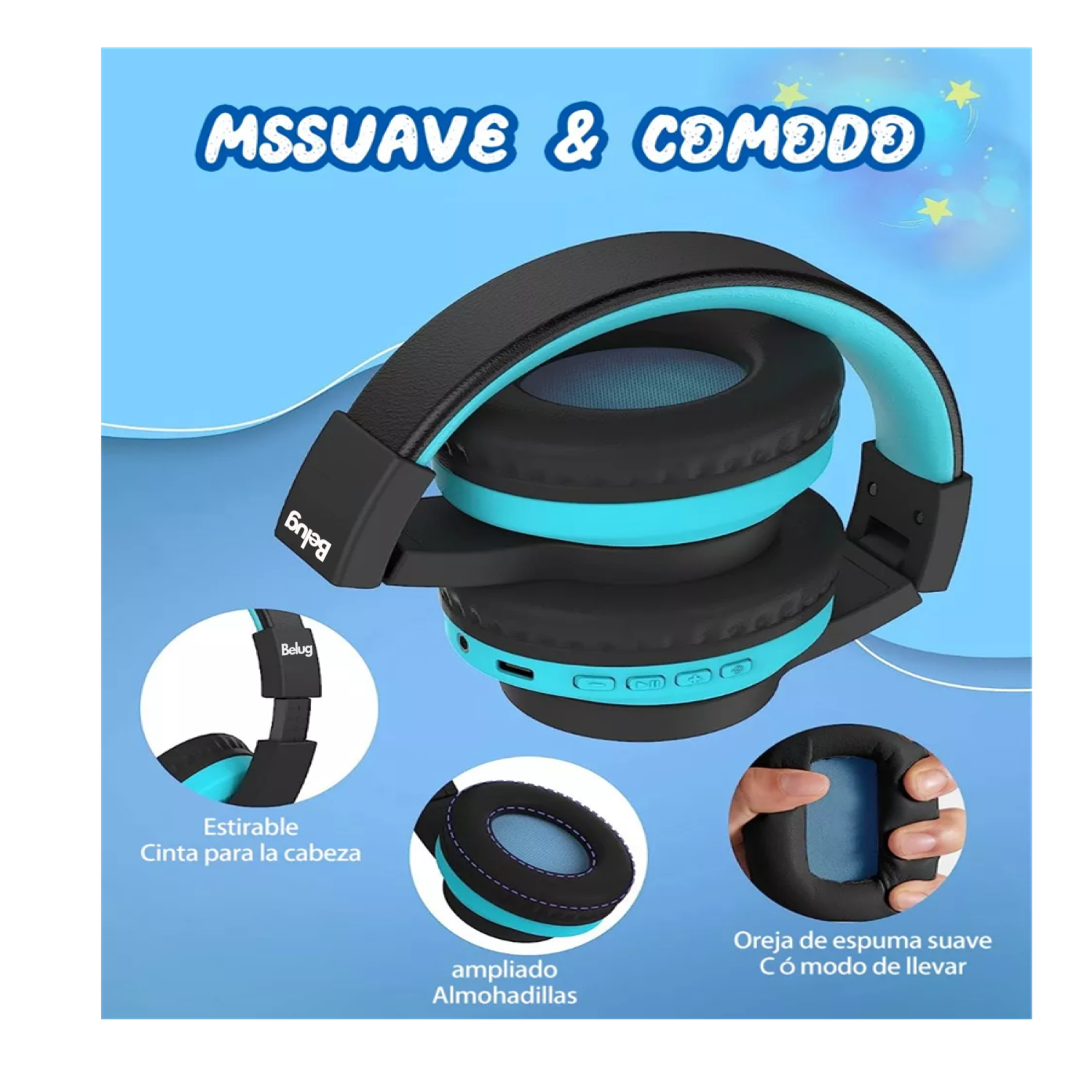 Foto 4 pulgar | Auriculares Bluetooth Diadema Inalámbricos 45h Para Niños, Belug  Azul/negro