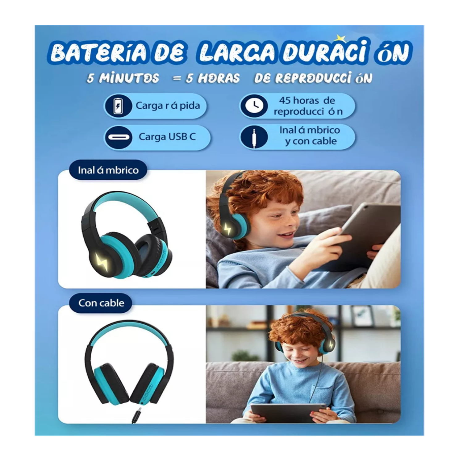 Foto 5 pulgar | Auriculares Bluetooth Diadema Inalámbricos 45h Para Niños, Belug  Azul/negro