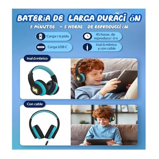 Foto 4 | Auriculares Bluetooth Diadema Inalámbricos 45h Para Niños, Belug Azul/negro