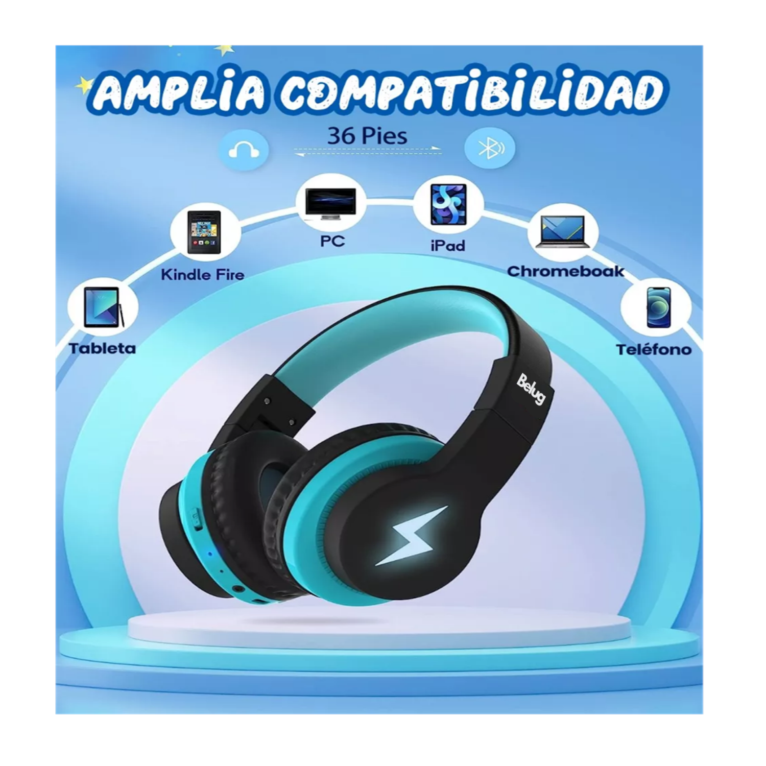 Foto 6 pulgar | Auriculares Bluetooth Diadema Inalámbricos 45h Para Niños, Belug  Azul/negro