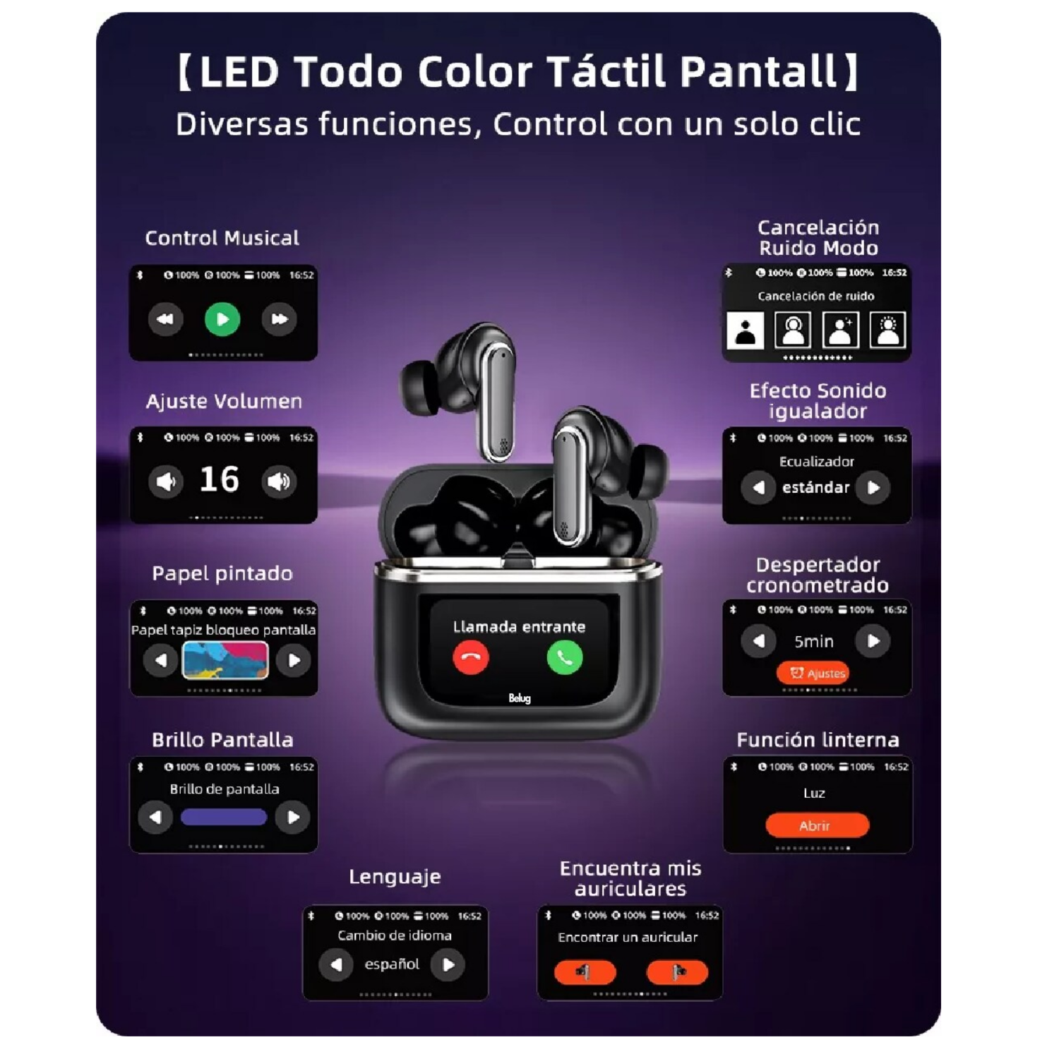 Foto 3 pulgar | Audífonos Smart Pantalla Anc Bluetooth 5.4 Tws Auriculares Belug,  Negro