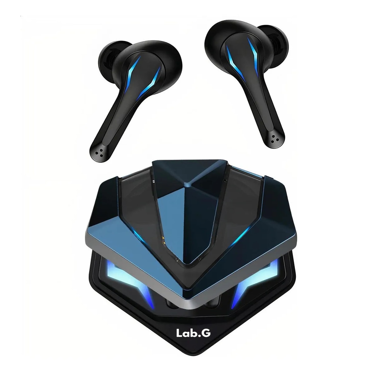 Audífonos Gamer Bluetooth Inalámbricos Estuche Y Micrófono Luz Led Negro Con Azul Lab.g Multicolor