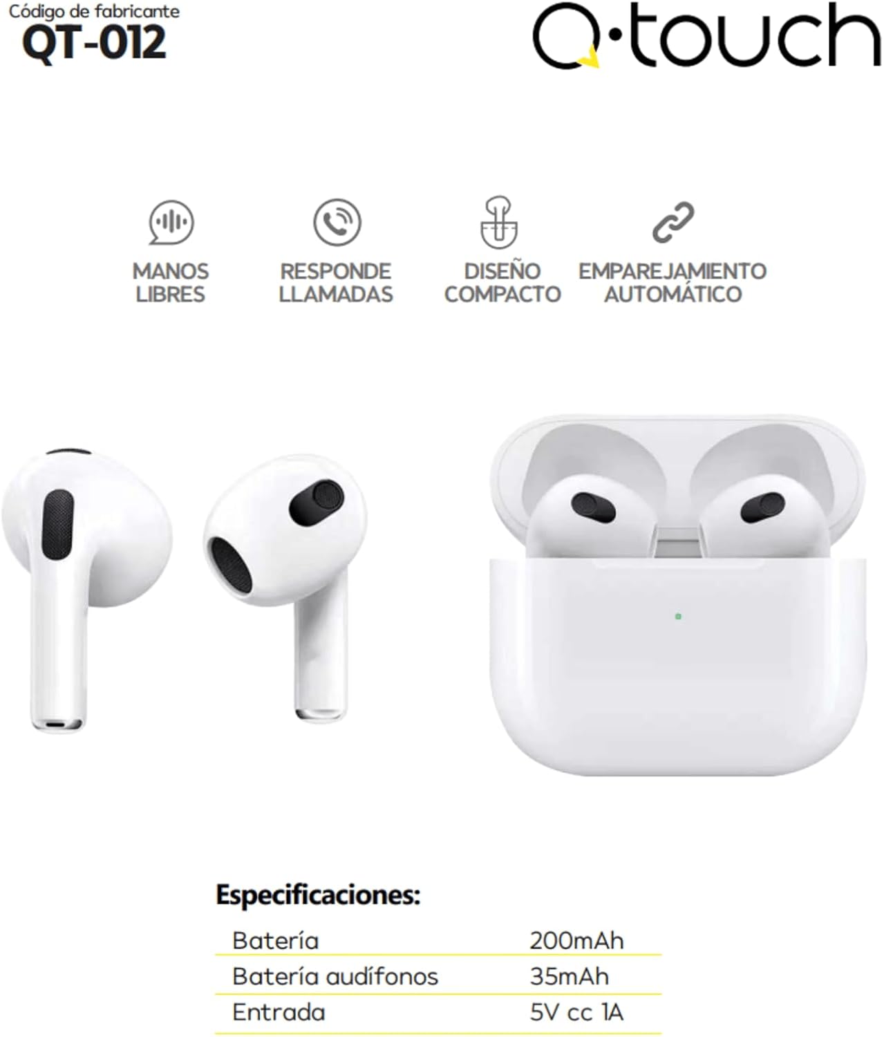 Foto 2 | Audífonos Q-touch Bluetooth Qt-012 Blancos | Manos Libres Y Estuche De Carga Portátil