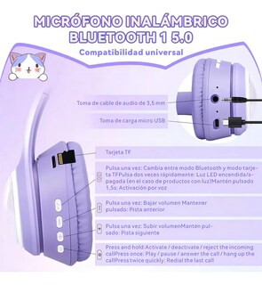 Foto 4 | Audifono Oreja De Gato Bluetooth Luz Led Violeta