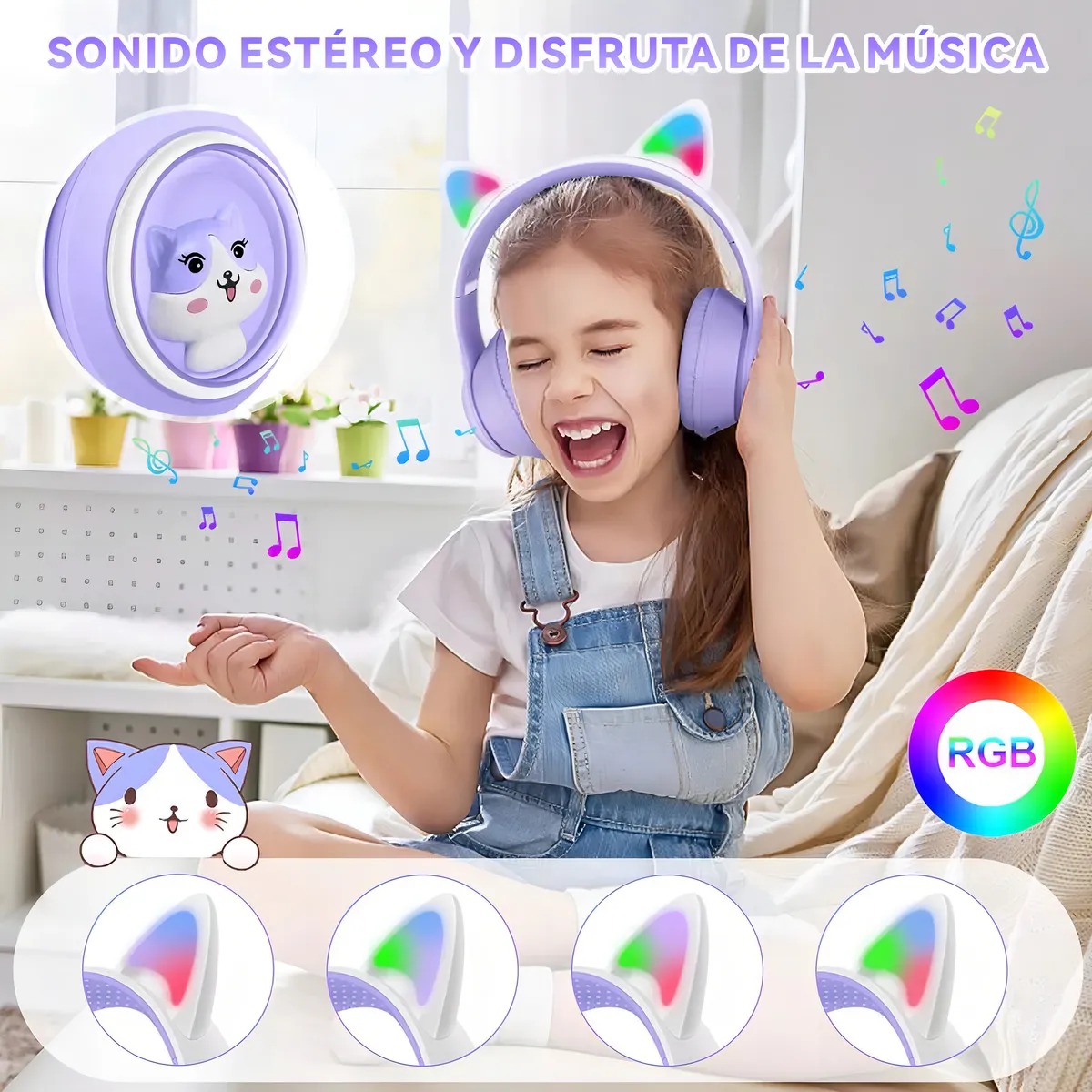 Foto 3 pulgar | Audifono Oreja De Gato Bluetooth Luz Led Violeta