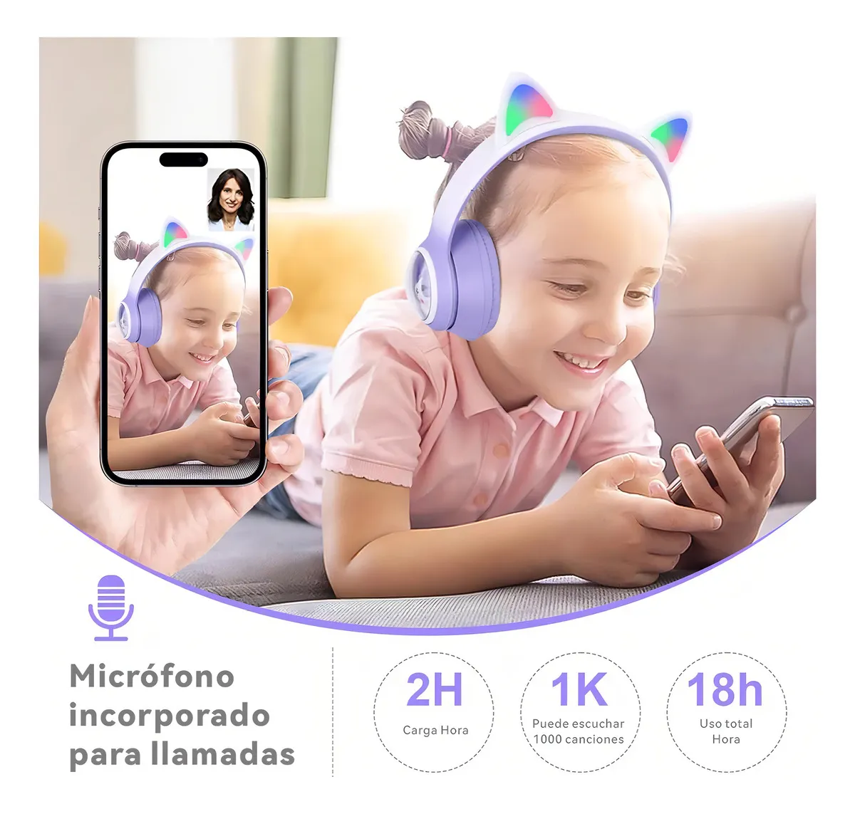 Foto 4 pulgar | Audifono Oreja De Gato Bluetooth Luz Led Violeta