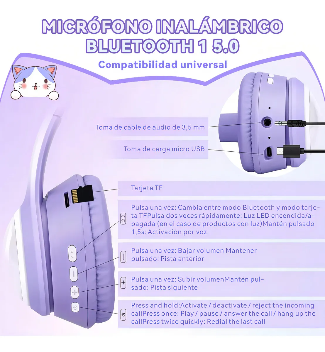Foto 5 pulgar | Audifono Oreja De Gato Bluetooth Luz Led Violeta