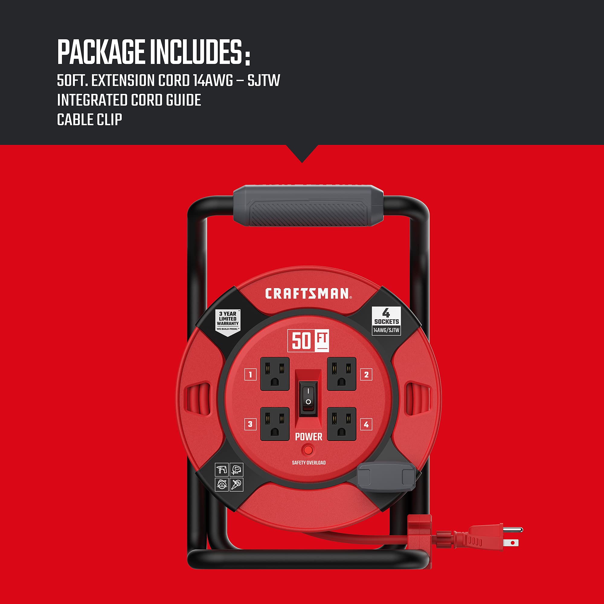 Foto 4 pulgar | Carrete Retráctil De Cable De Extensión Craftsman De 15 M Con 4 Salidas - Venta Internacional.