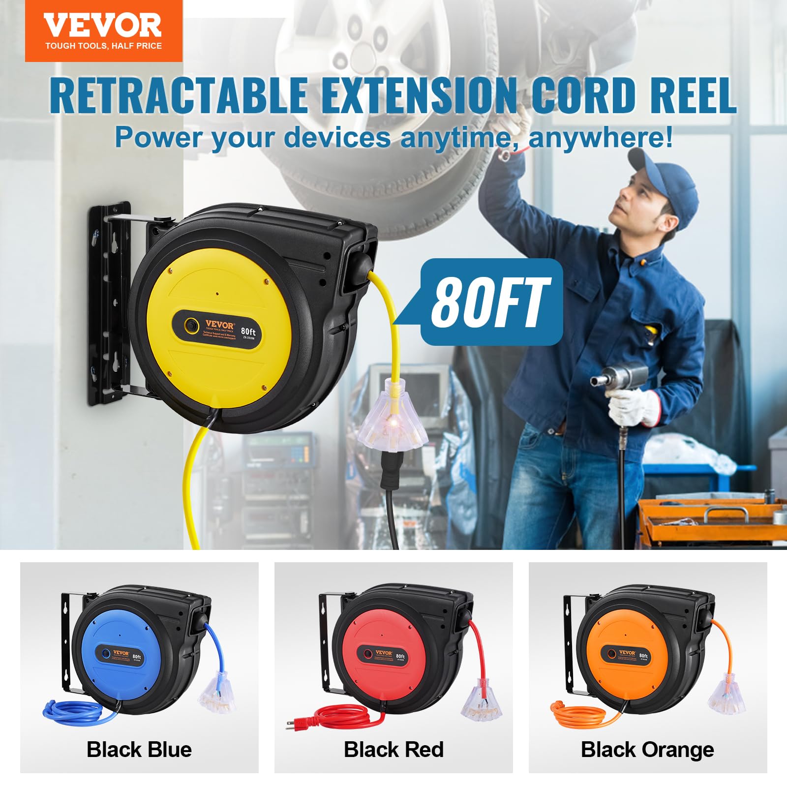 Foto 3 pulgar | Carrete De Cable De Extensión Retráctil Vevor De 80 Pies Con 3 Salidas De 15 A - Venta Internacional.