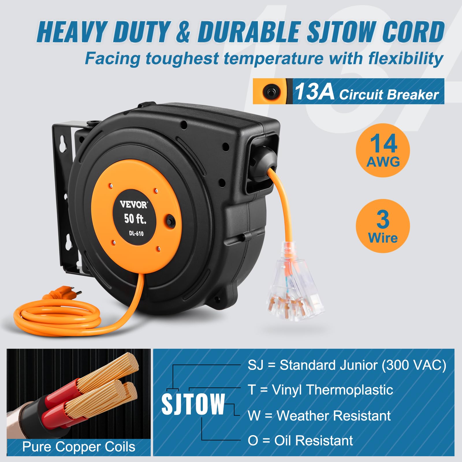 Foto 4 pulgar | Carrete De Cable De Extensión Retráctil Vevor De 50 Pies Con Triple Salida - Venta Internacional.