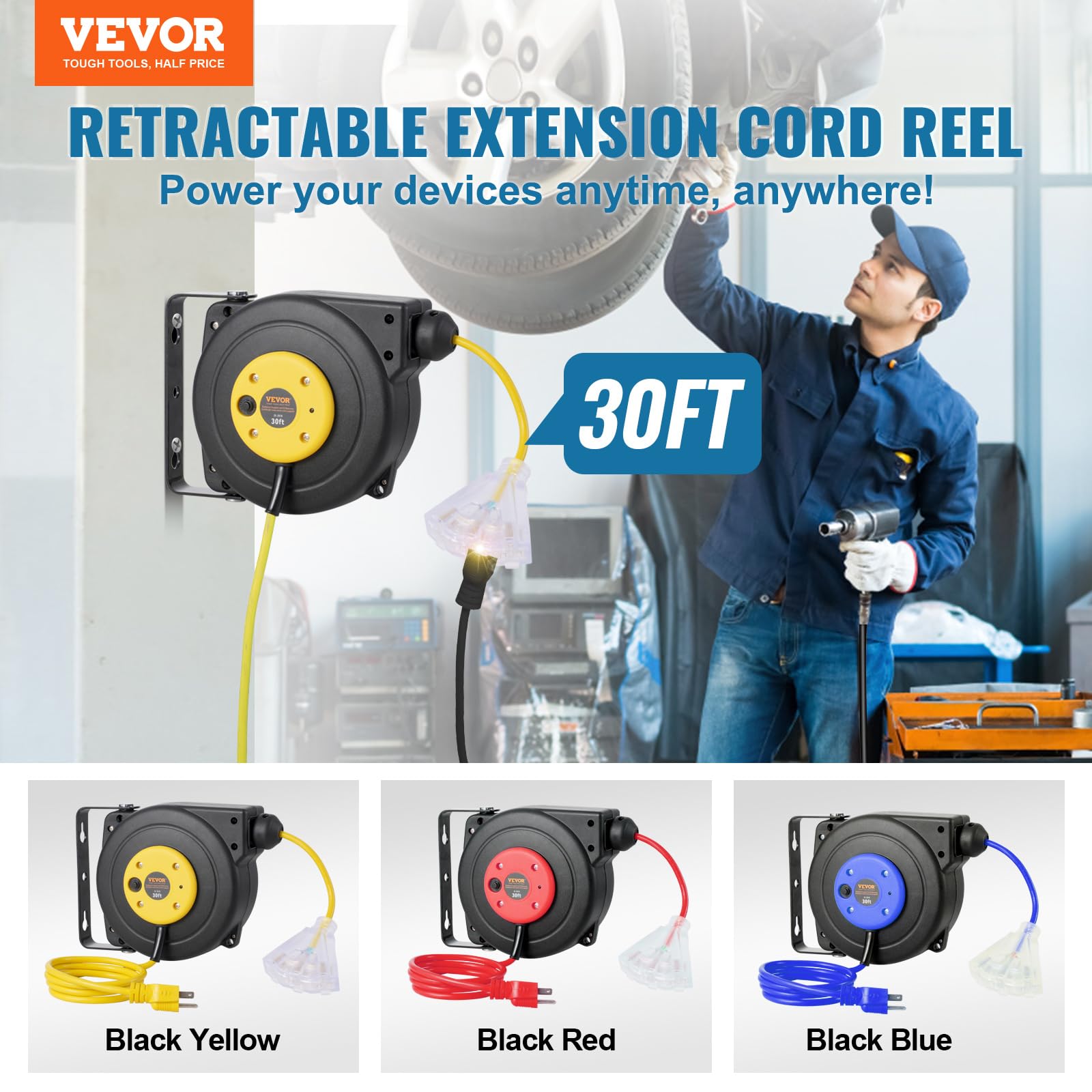 Foto 3 pulgar | Carrete De Cable De Extensión Retráctil Vevor De 30 Pies Con Salida De Triple Grifo - Venta Internacional.