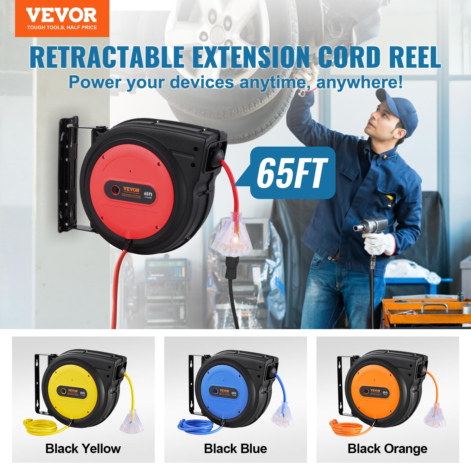 Foto 2 | Carrete De Cable De Extensión Retráctil Vevor De 65 Pies Con Salida De Triple Grifo - Venta Internacional.