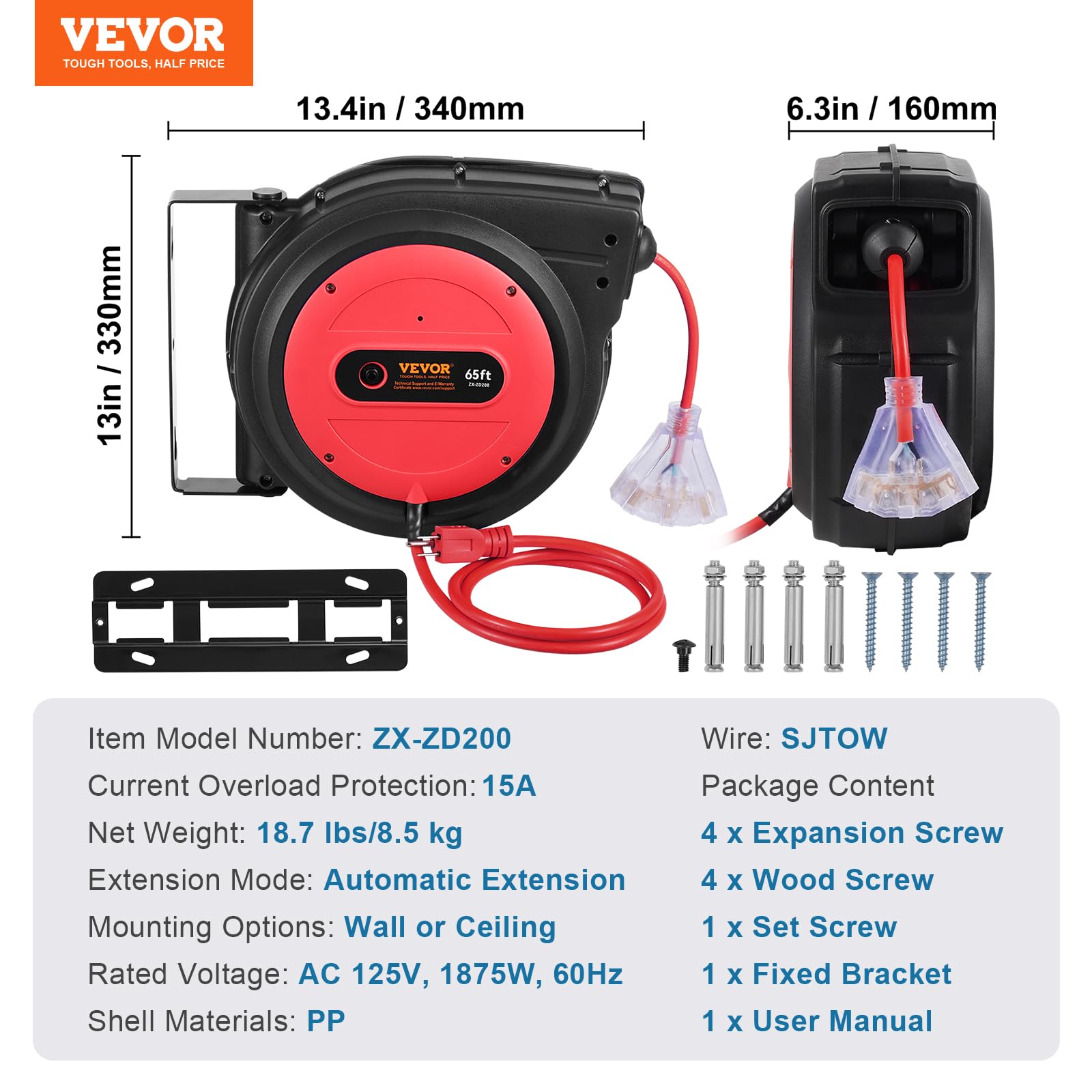 Foto 7 | Carrete De Cable De Extensión Retráctil Vevor De 65 Pies Con Salida De Triple Grifo - Venta Internacional.