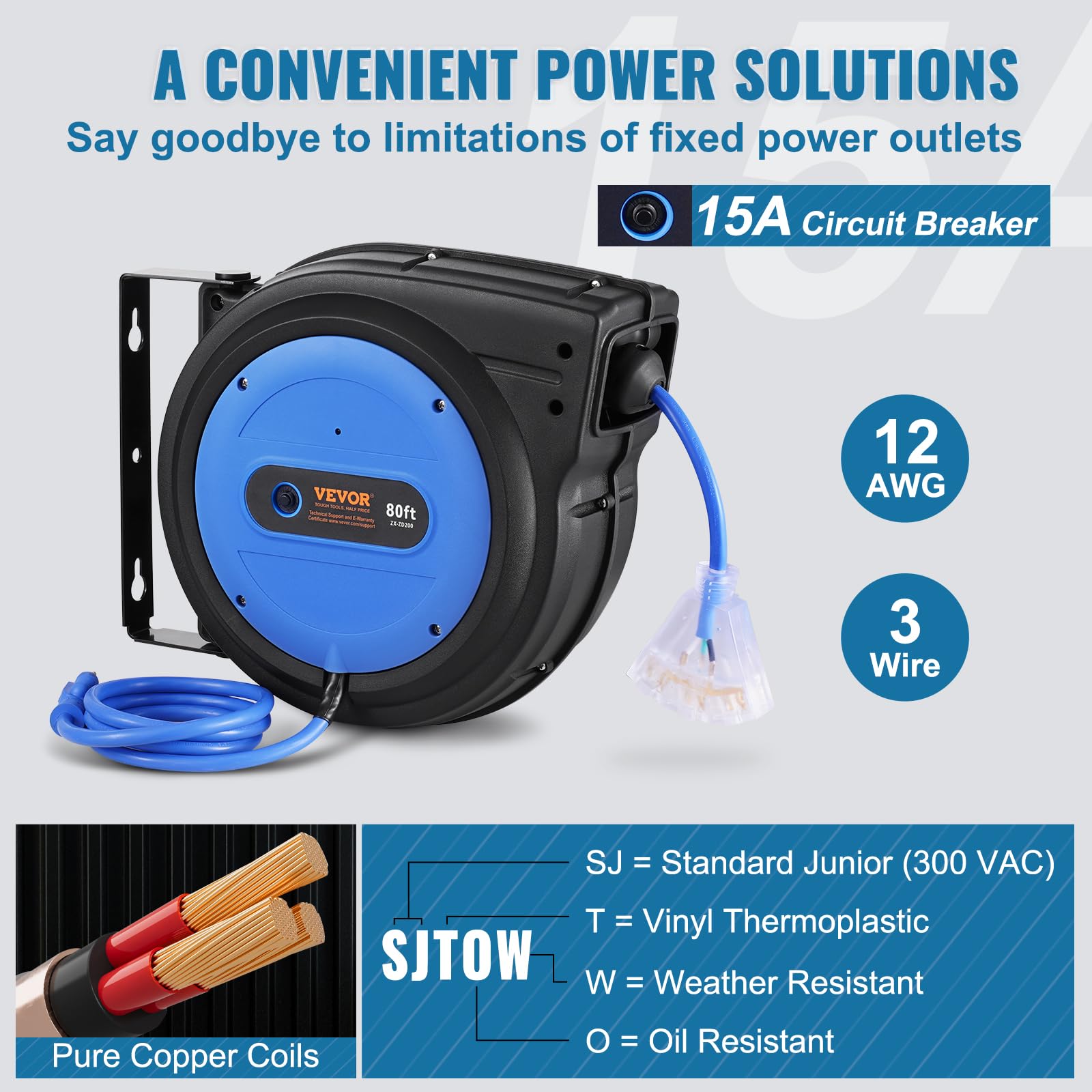 Foto 5 pulgar | Carrete Retráctil De Cable De Extensión Vevor, 80 Pies, 15 A, 125 V, Azul - Venta Internacional.