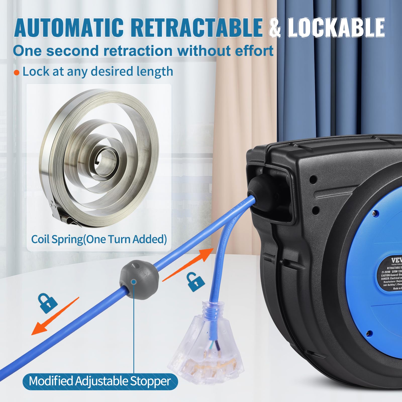 Foto 5 | Carrete Retráctil De Cable De Extensión Vevor, 80 Pies, 15 A, 125 V, Azul - Venta Internacional.