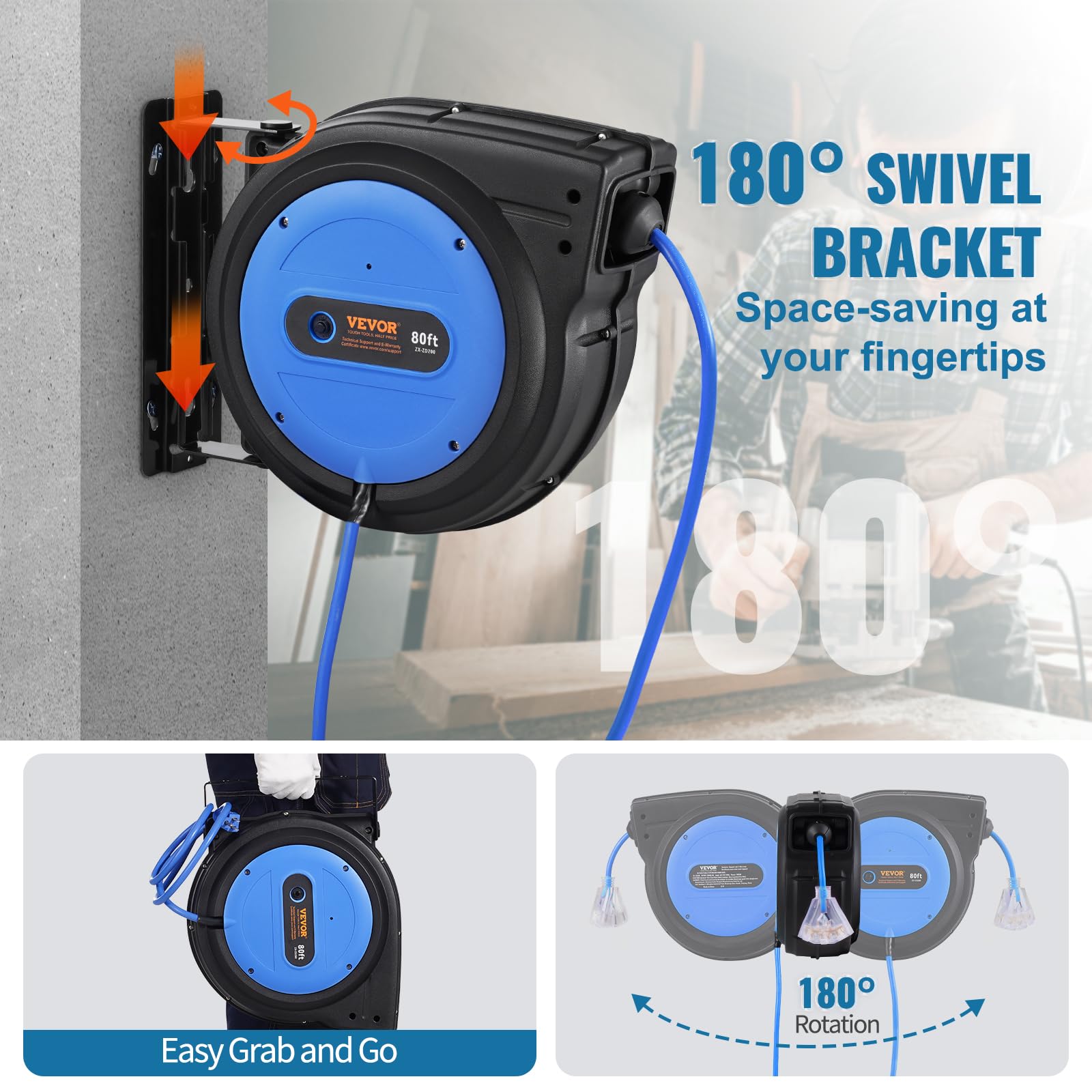 Foto 7 pulgar | Carrete Retráctil De Cable De Extensión Vevor, 80 Pies, 15 A, 125 V, Azul - Venta Internacional.