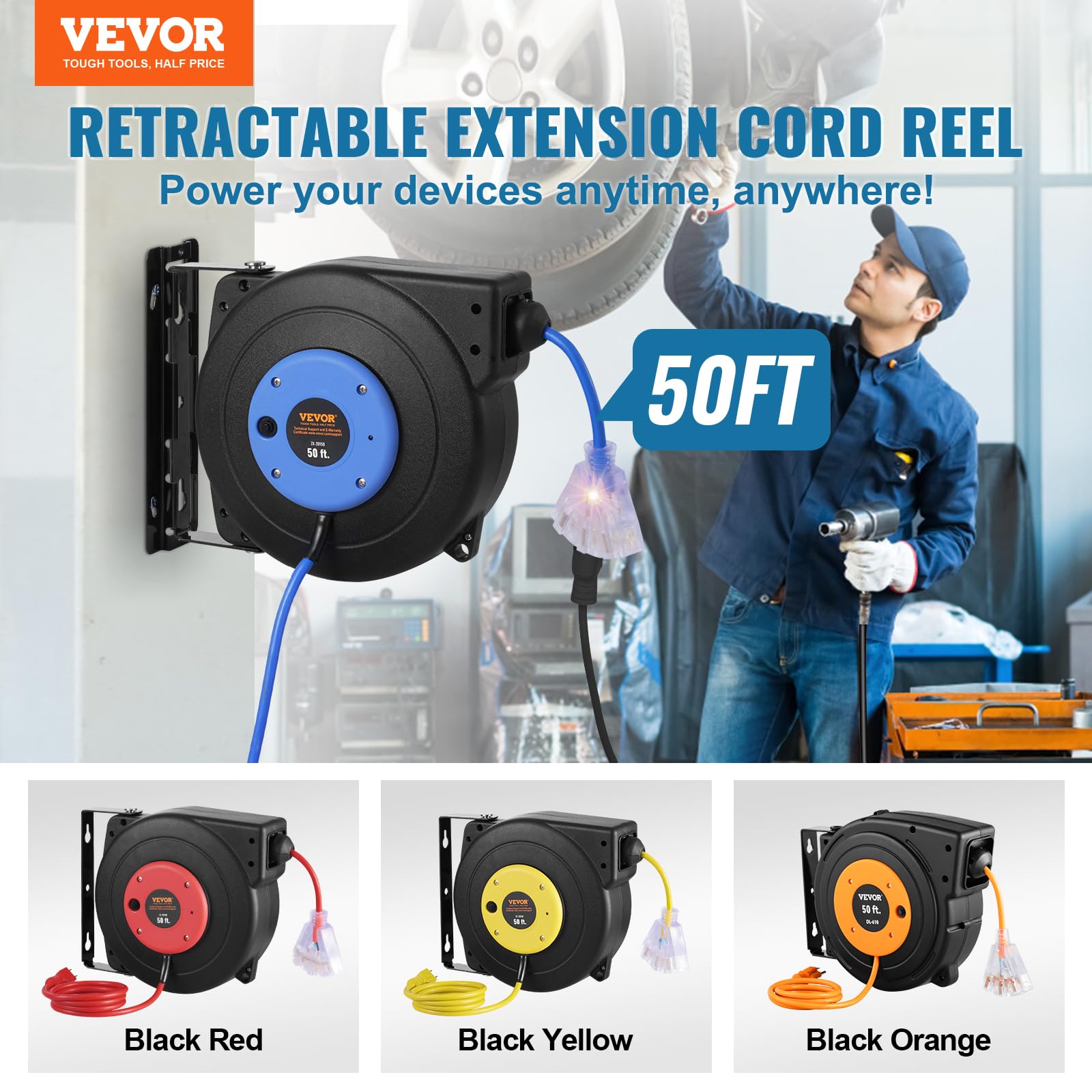 Foto 3 pulgar | Carrete De Cable De Extensión Retráctil Vevor De 50 Pies Con Toma De Corriente Iluminada - Venta Internacional.