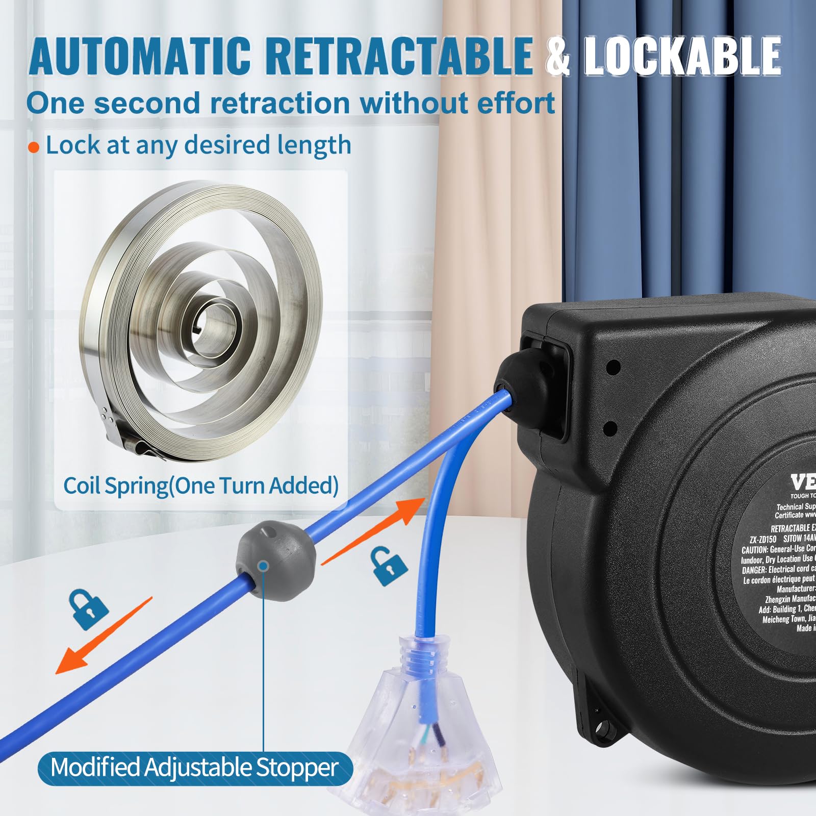 Foto 5 | Carrete De Cable De Extensión Retráctil Vevor De 50 Pies Con Toma De Corriente Iluminada - Venta Internacional.