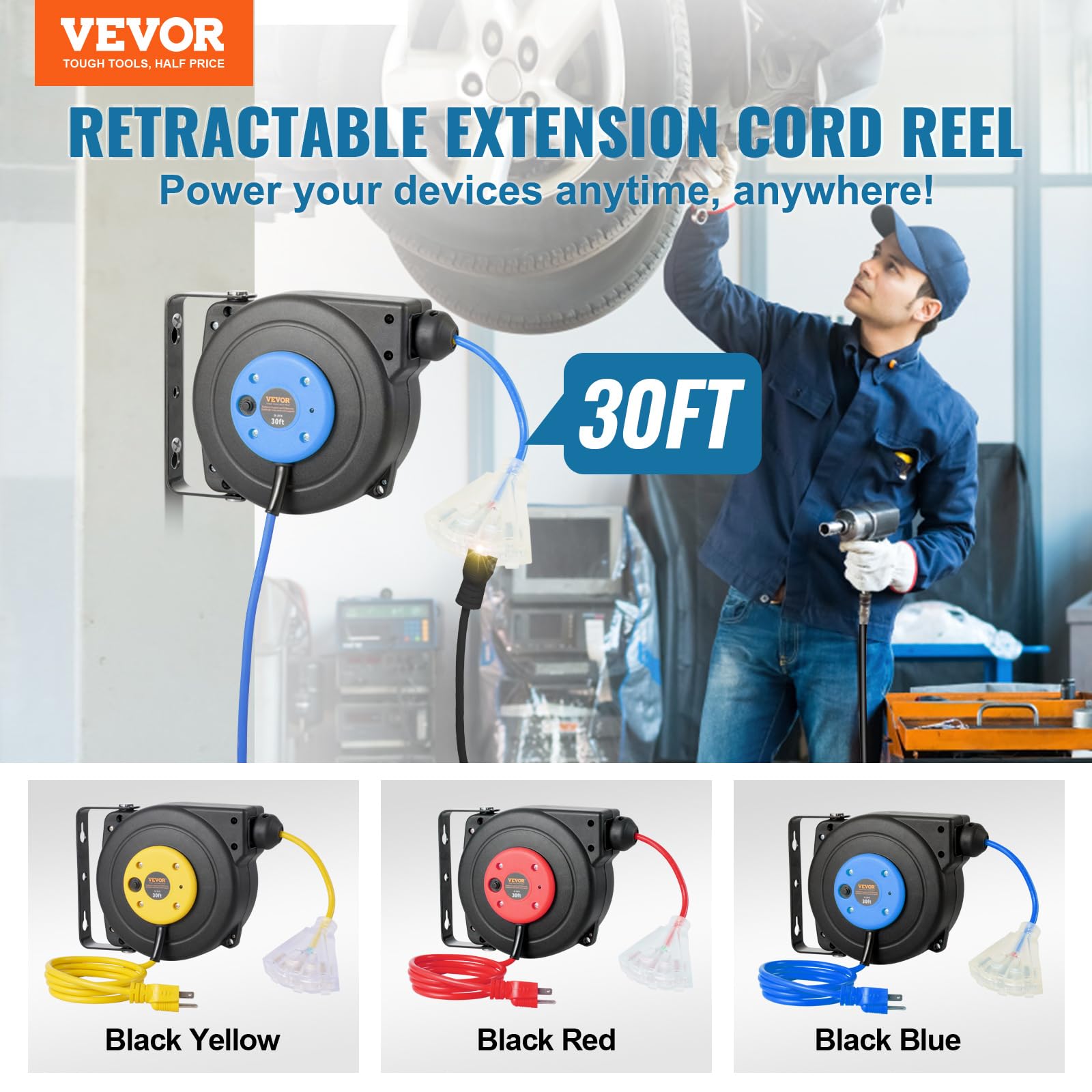 Foto 3 pulgar | Carrete Retráctil De Cable De Extensión Vevor, 30 Pies, 10 A, 125 V, Azul - Venta Internacional.